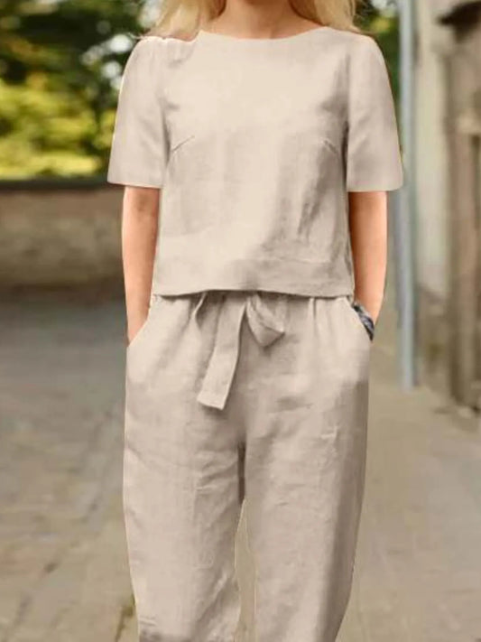 Full Size Round Neck Short Sleeve Top and Pants Set Plus Size - Velora Luxury Fashion