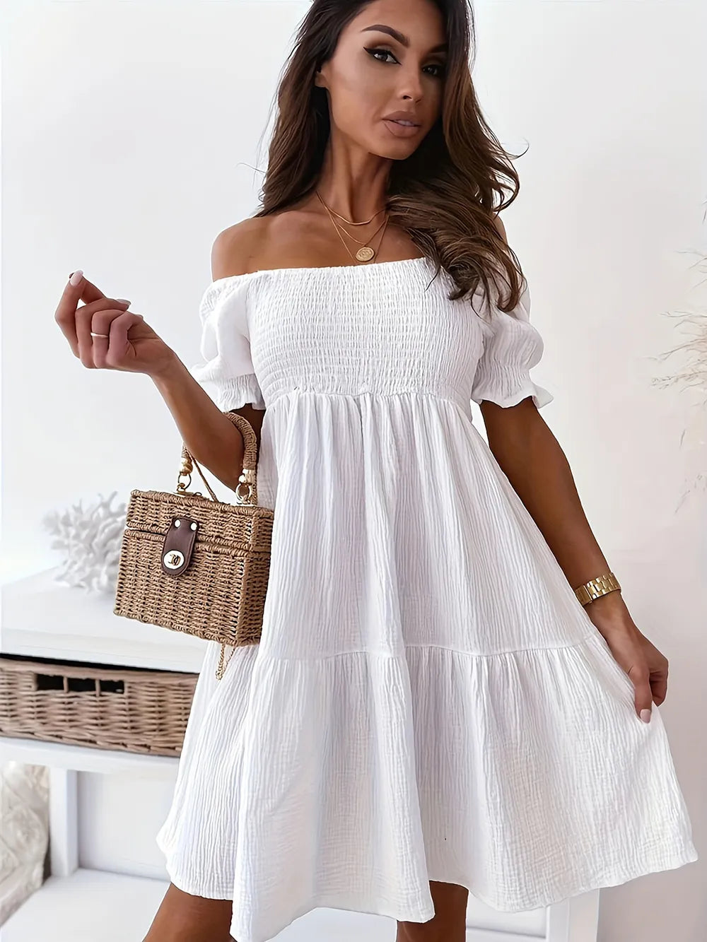 Full Size Ruffled Off-Shoulder Short Sleeve Dress - Velora Luxury Fashion