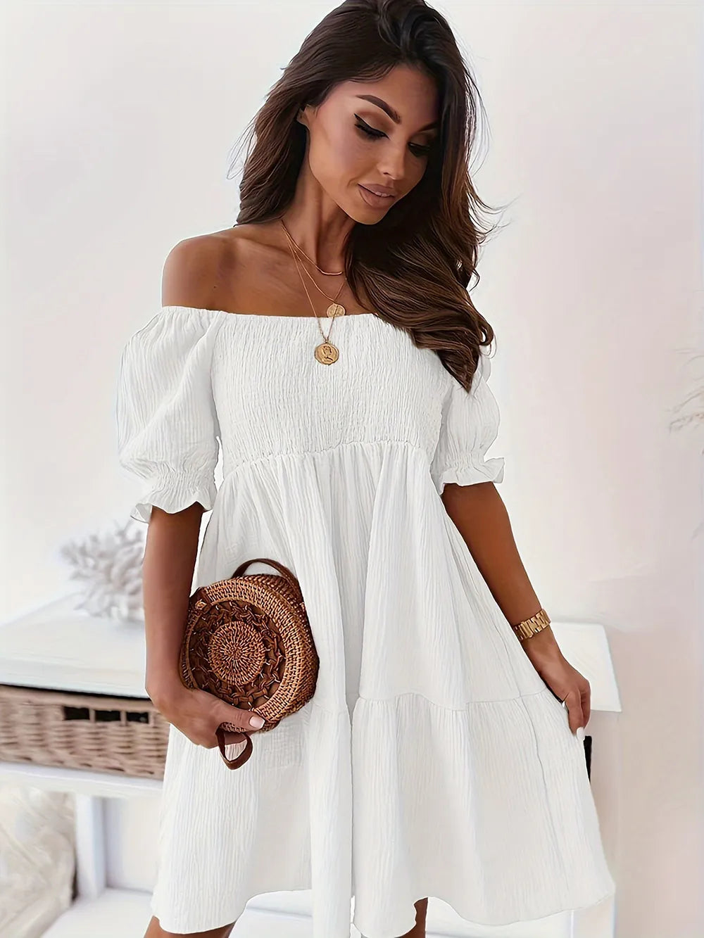 Full Size Ruffled Off-Shoulder Short Sleeve Dress - Velora Luxury Fashion