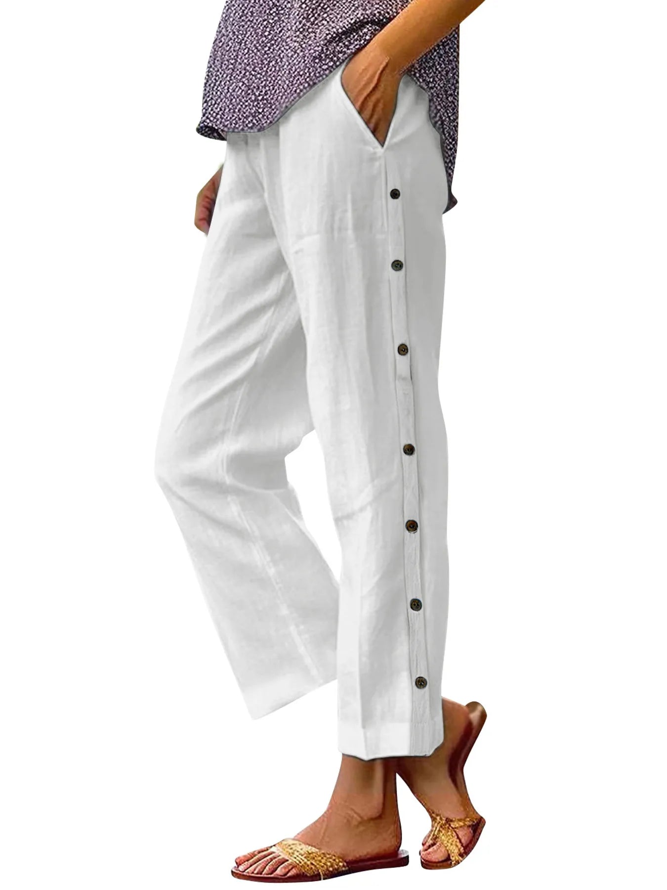 Full Size Side Decor Button Casual Wide Leg Pants Plus Size - Velora Luxury Fashion