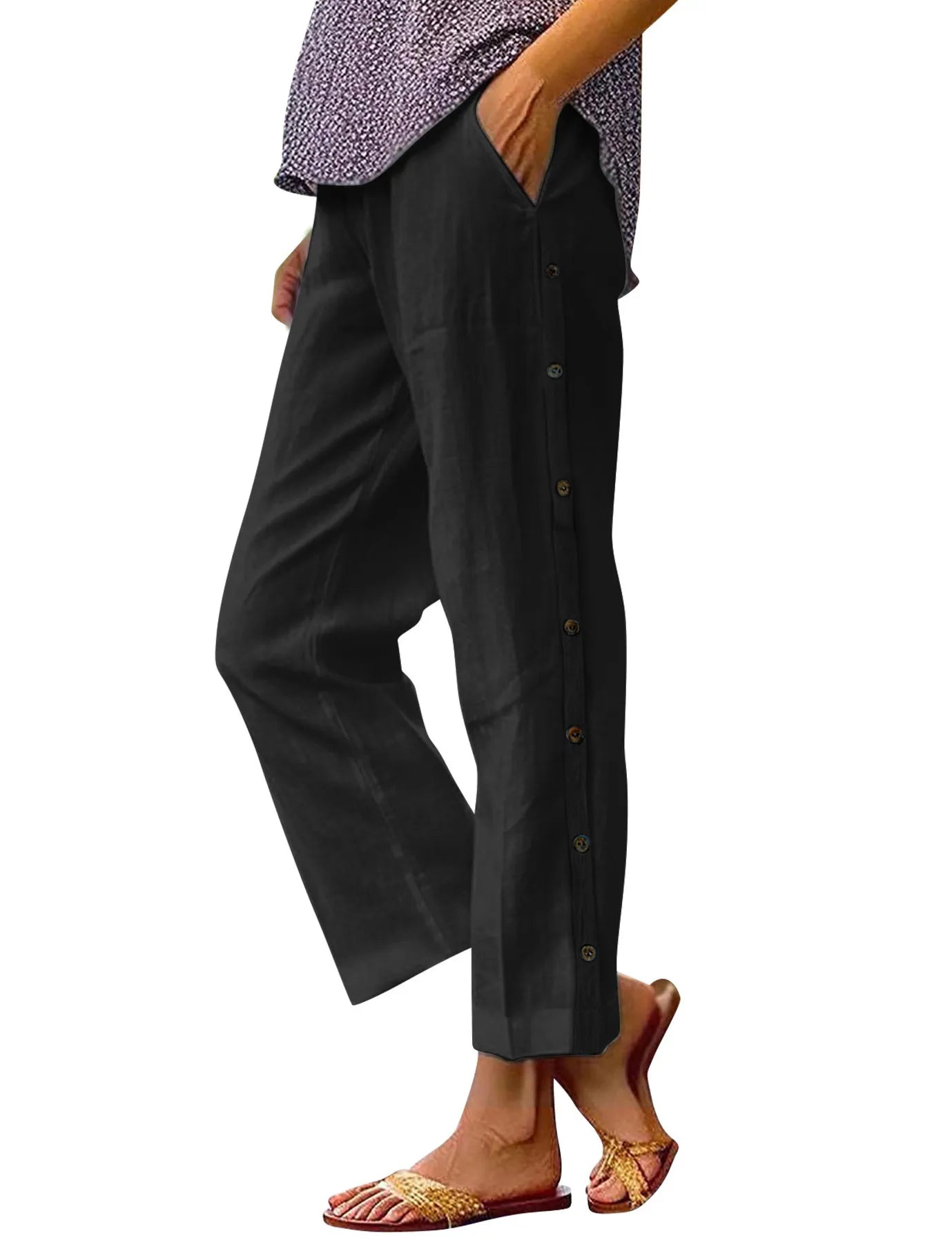 Full Size Side Decor Button Casual Wide Leg Pants Plus Size - Velora Luxury Fashion