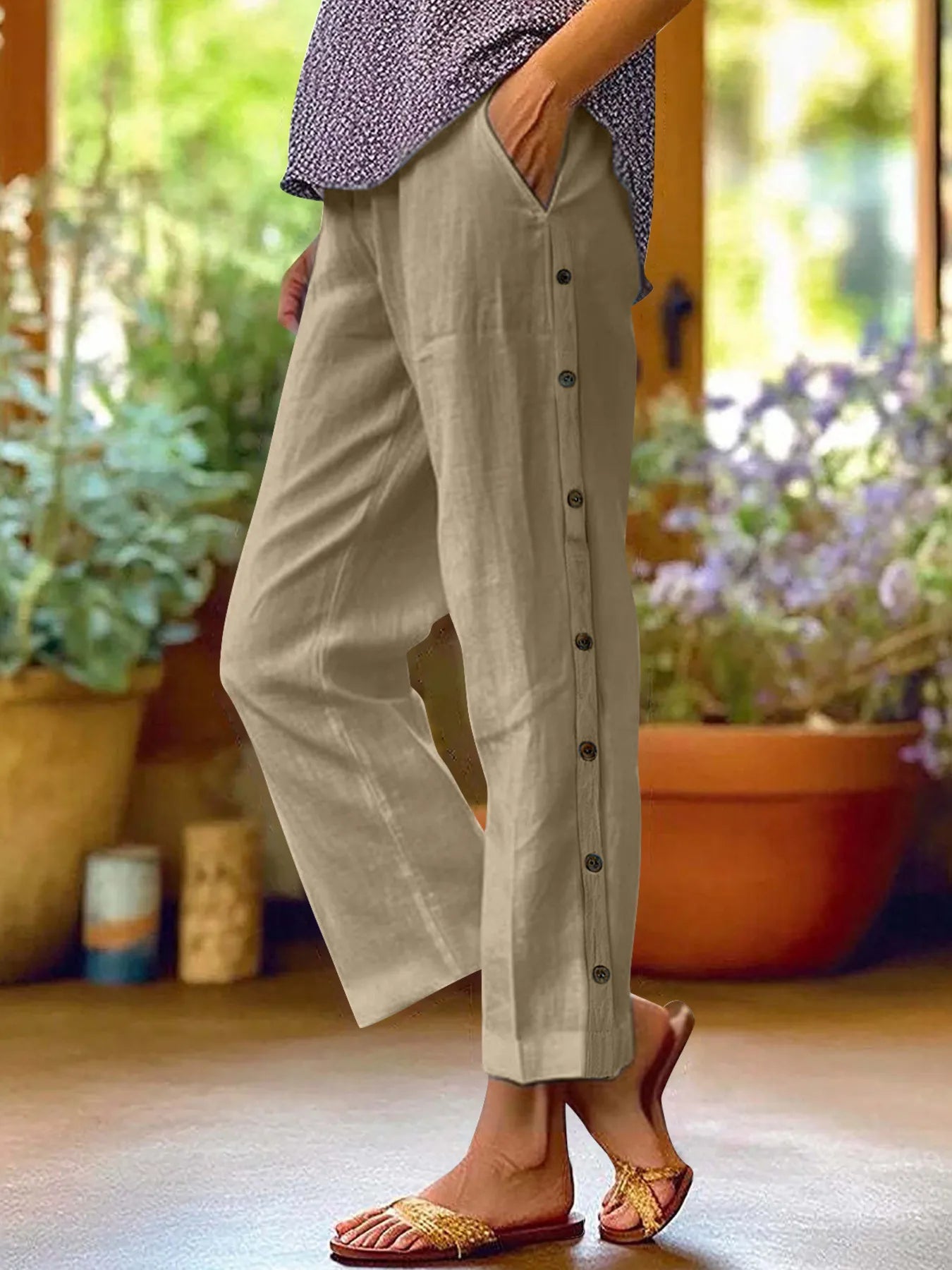 Full Size Side Decor Button Casual Wide Leg Pants Plus Size - Velora Luxury Fashion