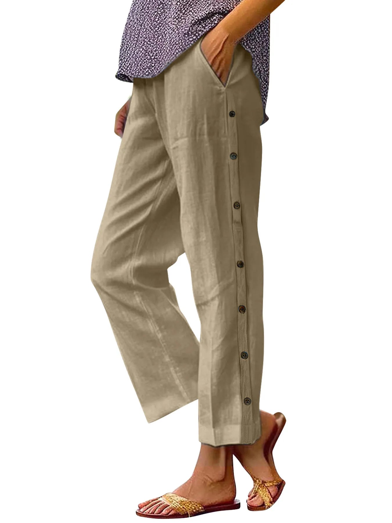 Full Size Side Decor Button Casual Wide Leg Pants Plus Size - Velora Luxury Fashion