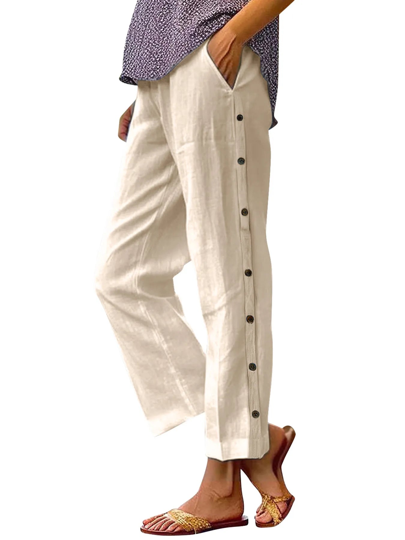 Full Size Side Decor Button Casual Wide Leg Pants Plus Size - Velora Luxury Fashion