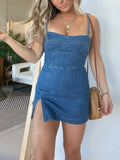 Full Size Slit Square Neck Denim Dress Plus Size - Velora Luxury Fashion
