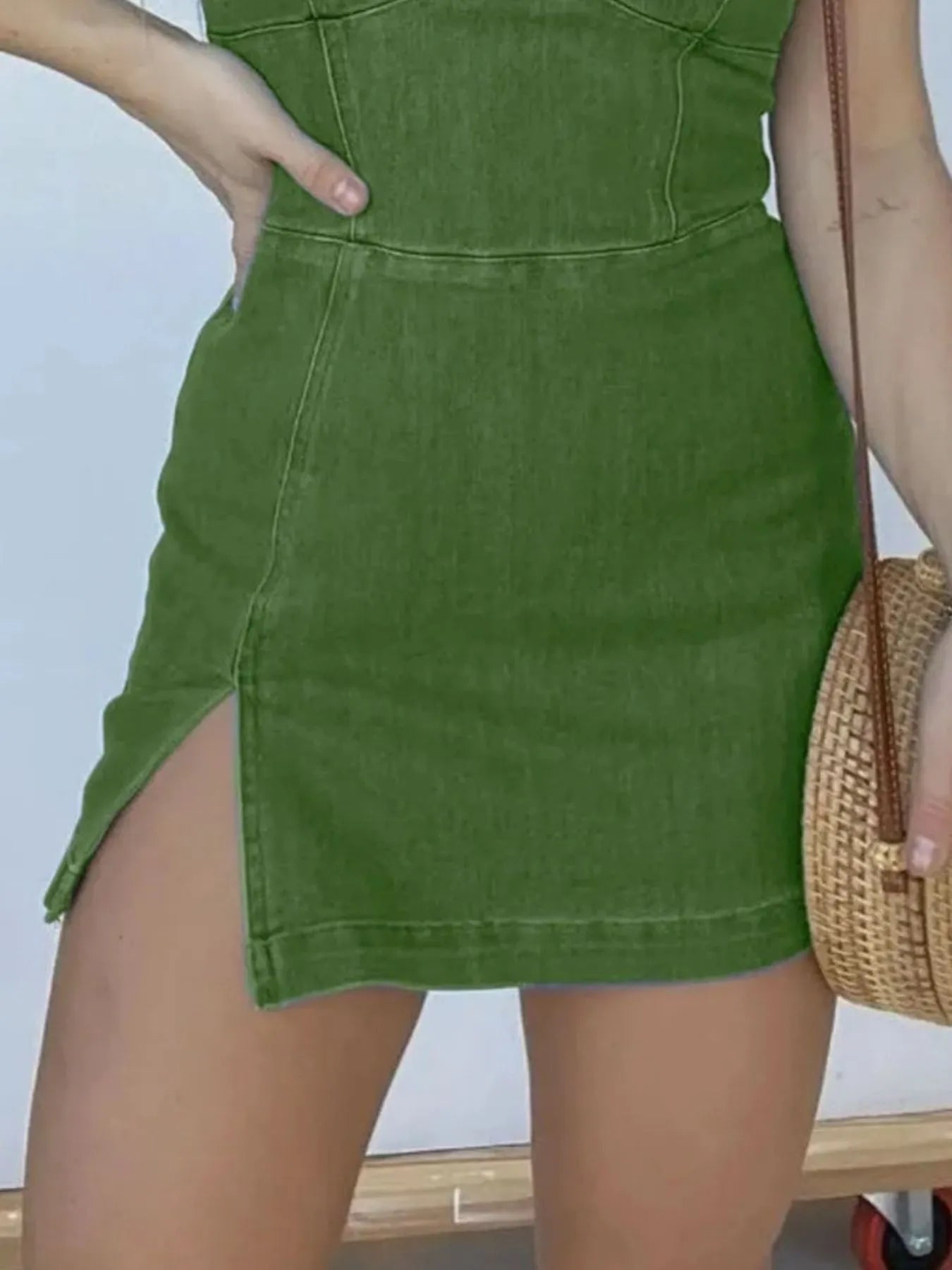 Full Size Slit Square Neck Denim Dress Plus Size - Velora Luxury Fashion