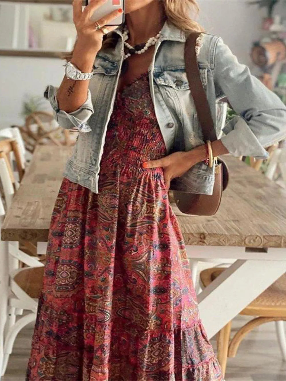 Full Size Smocked Printed V-Neck Short Sleeve Dress - Velora Luxury Fashion