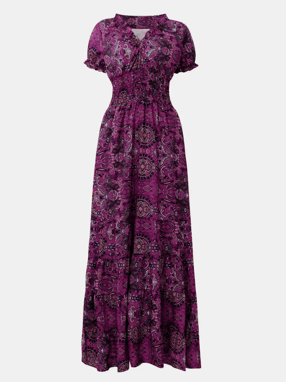 Full Size Smocked Printed V-Neck Short Sleeve Dress - Velora Luxury Fashion