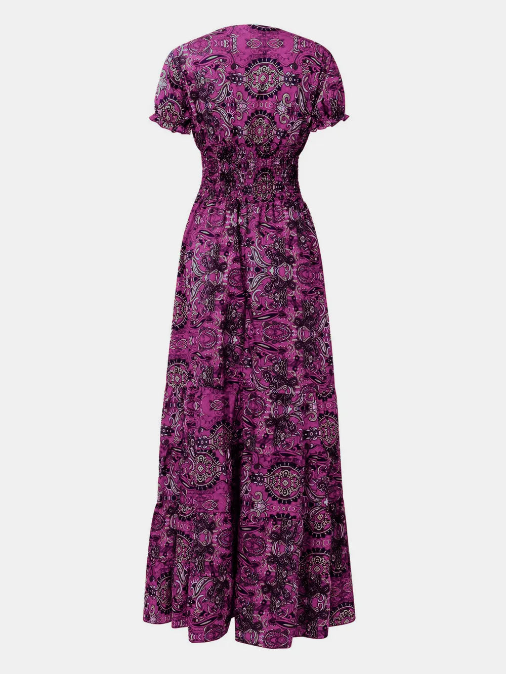 Full Size Smocked Printed V-Neck Short Sleeve Dress - Velora Luxury Fashion