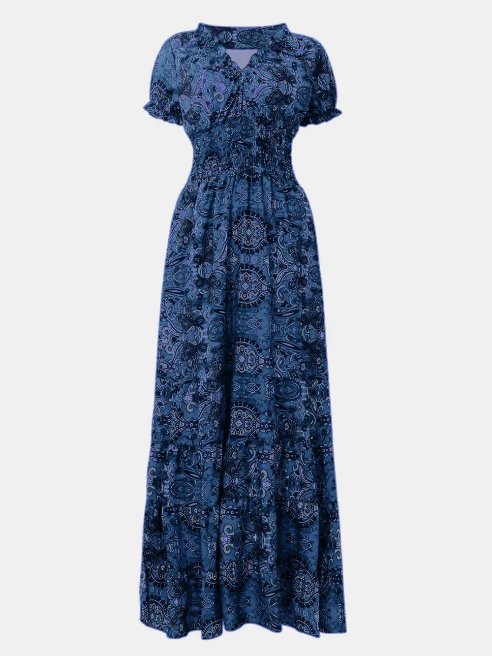 Full Size Smocked Printed V-Neck Short Sleeve Dress - Velora Luxury Fashion