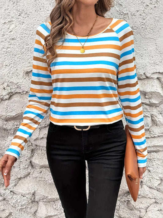 Full Size Striped Long Sleeve Casual Top Plus Size - Velora Luxury Fashion