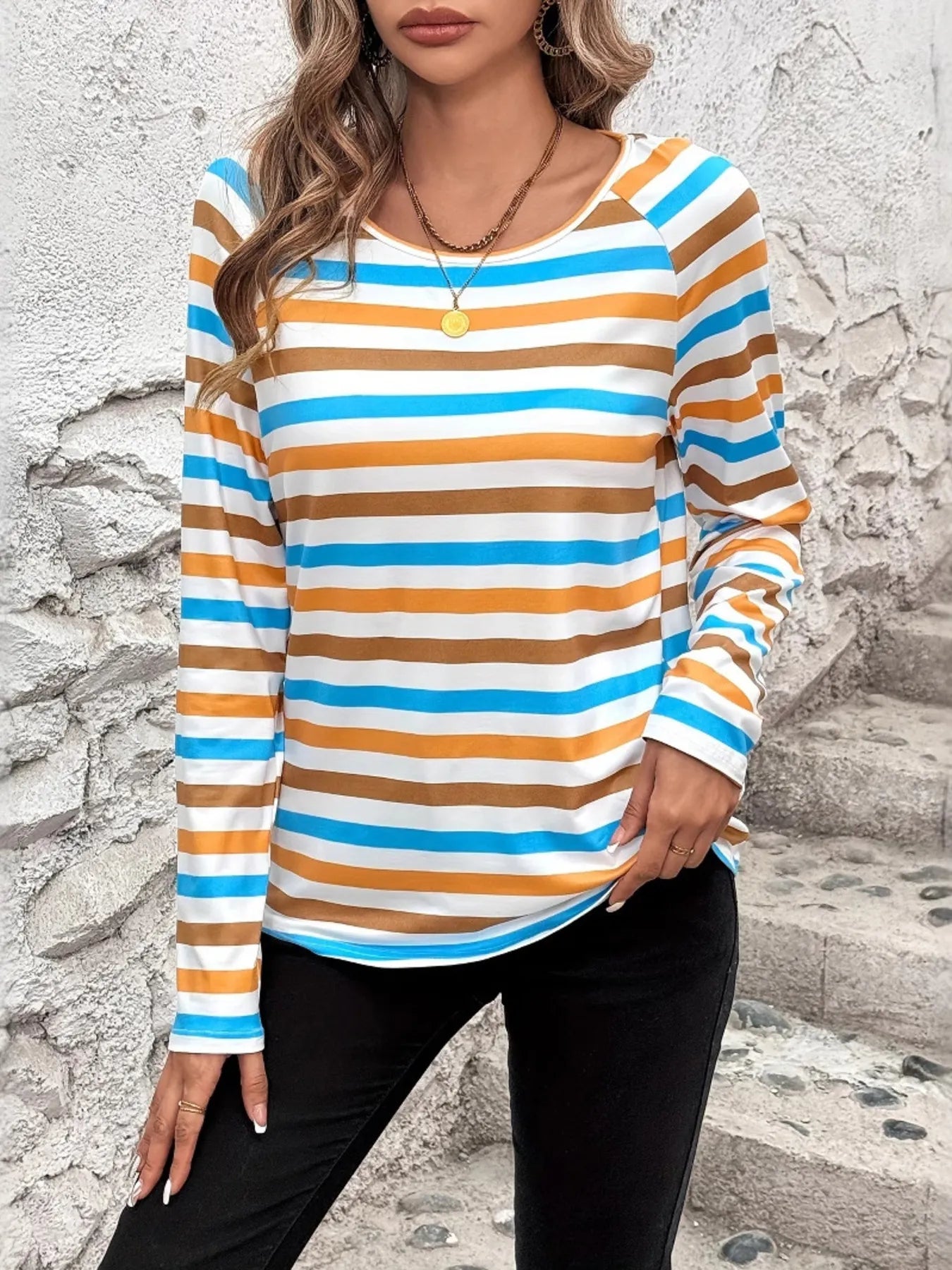 Full Size Striped Long Sleeve Casual Top Plus Size - Velora Luxury Fashion