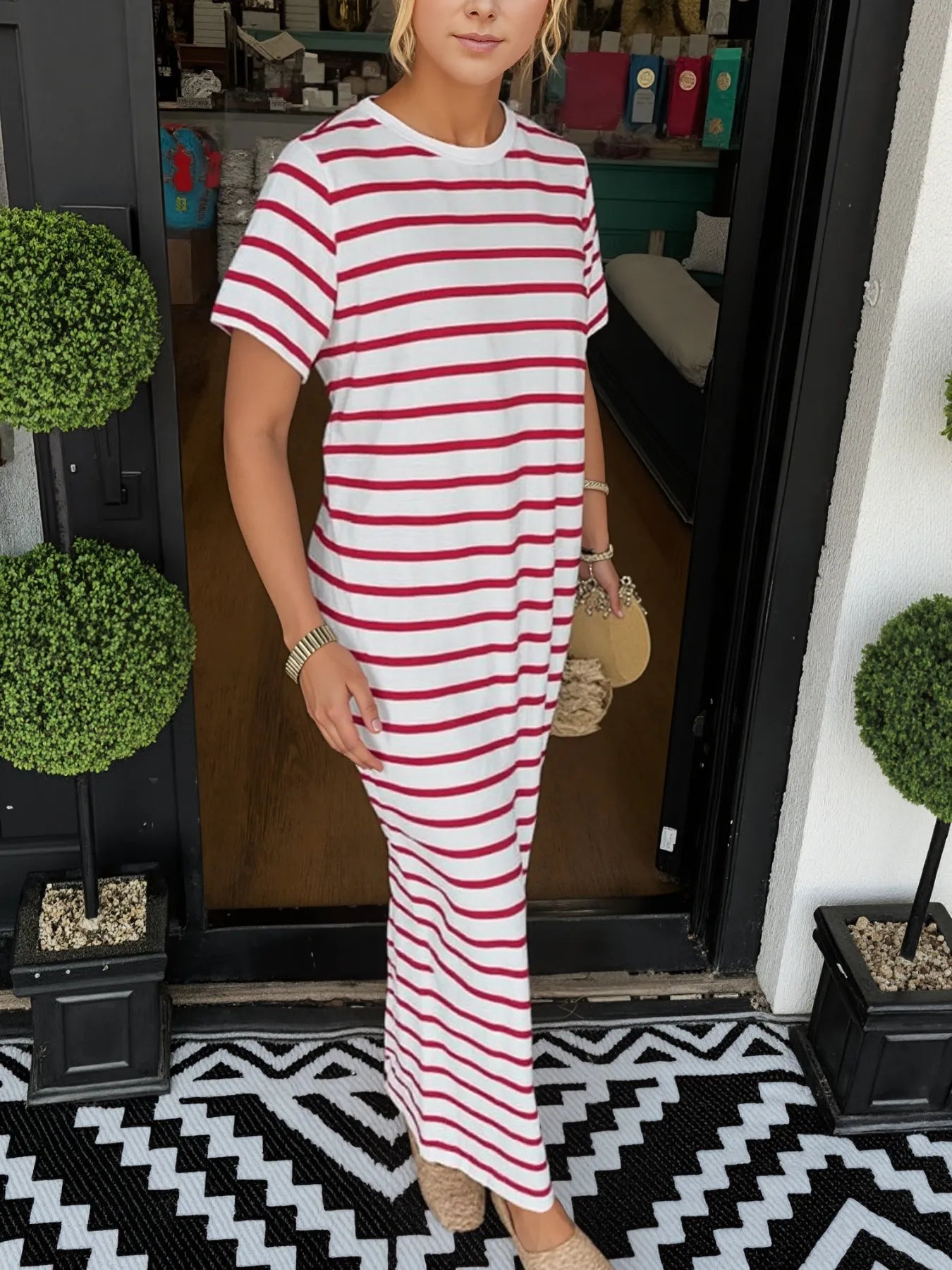 Full Size Striped T-Shirt Maxi Dress with Side Slit Plus Size - Velora Luxury Fashion
