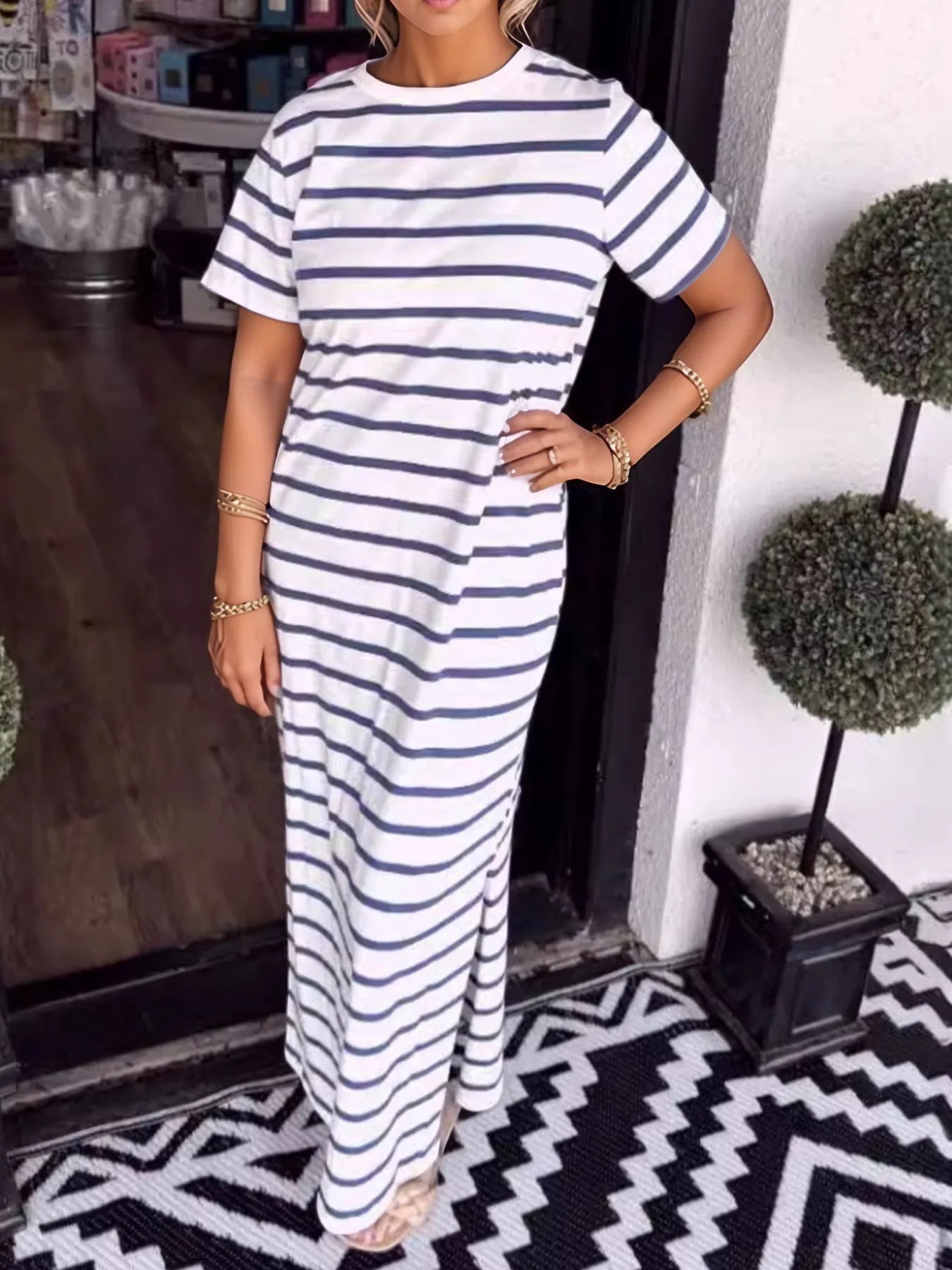 Full Size Striped T-Shirt Maxi Dress with Side Slit Plus Size - Velora Luxury Fashion