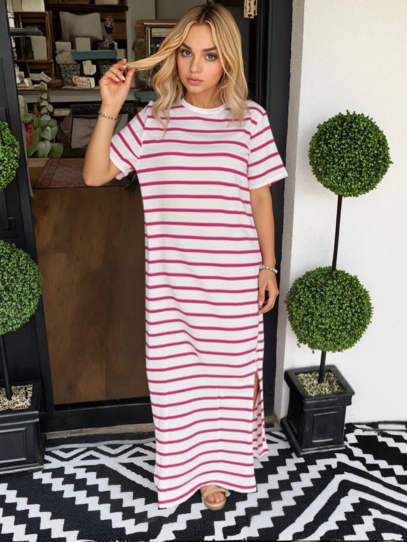 Full Size Striped T-Shirt Maxi Dress with Side Slit Plus Size - Velora Luxury Fashion