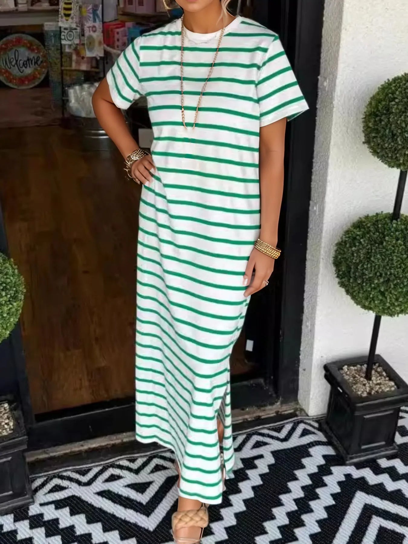 Full Size Striped T-Shirt Maxi Dress with Side Slit Plus Size - Velora Luxury Fashion