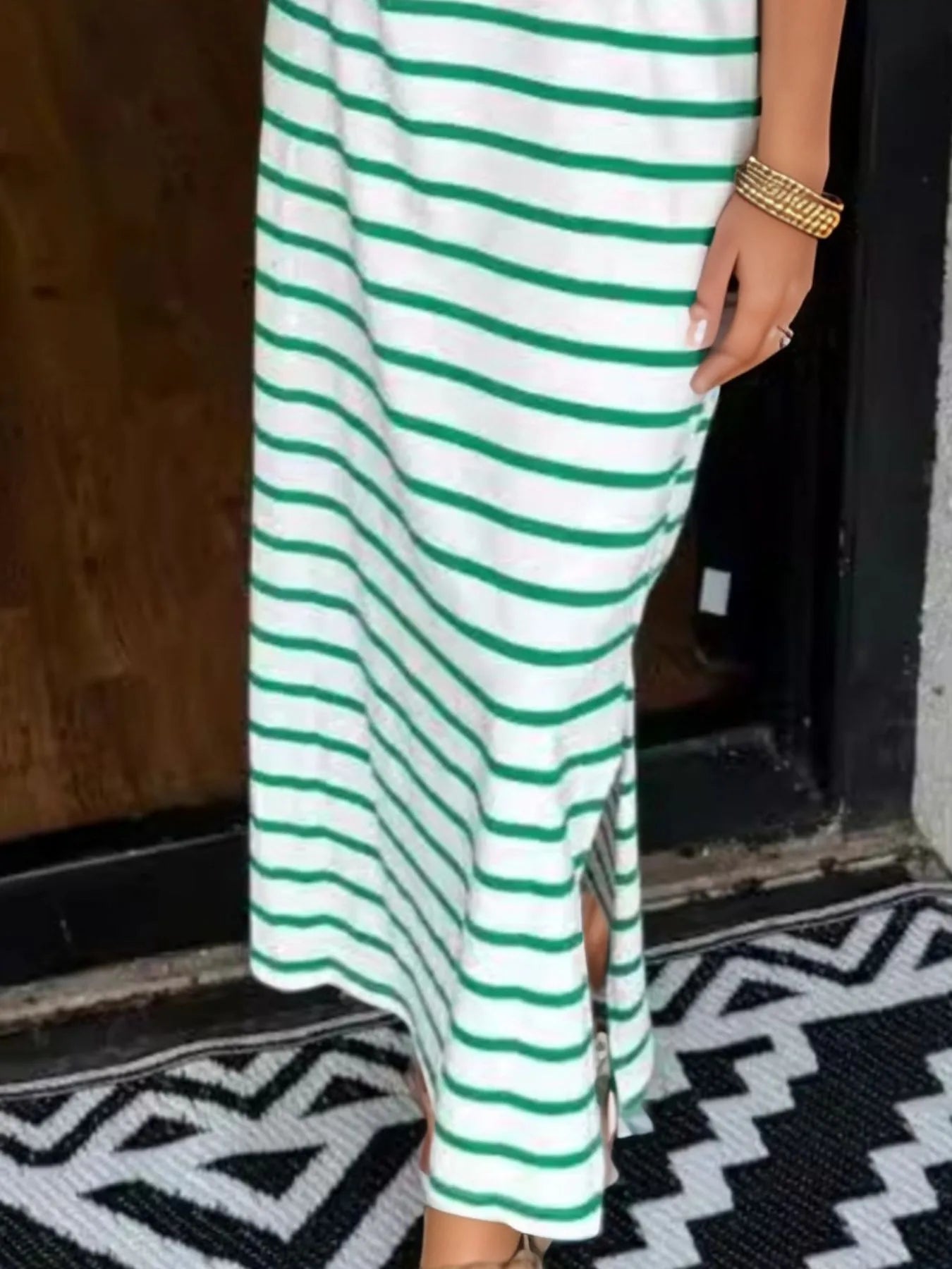 Full Size Striped T-Shirt Maxi Dress with Side Slit Plus Size - Velora Luxury Fashion