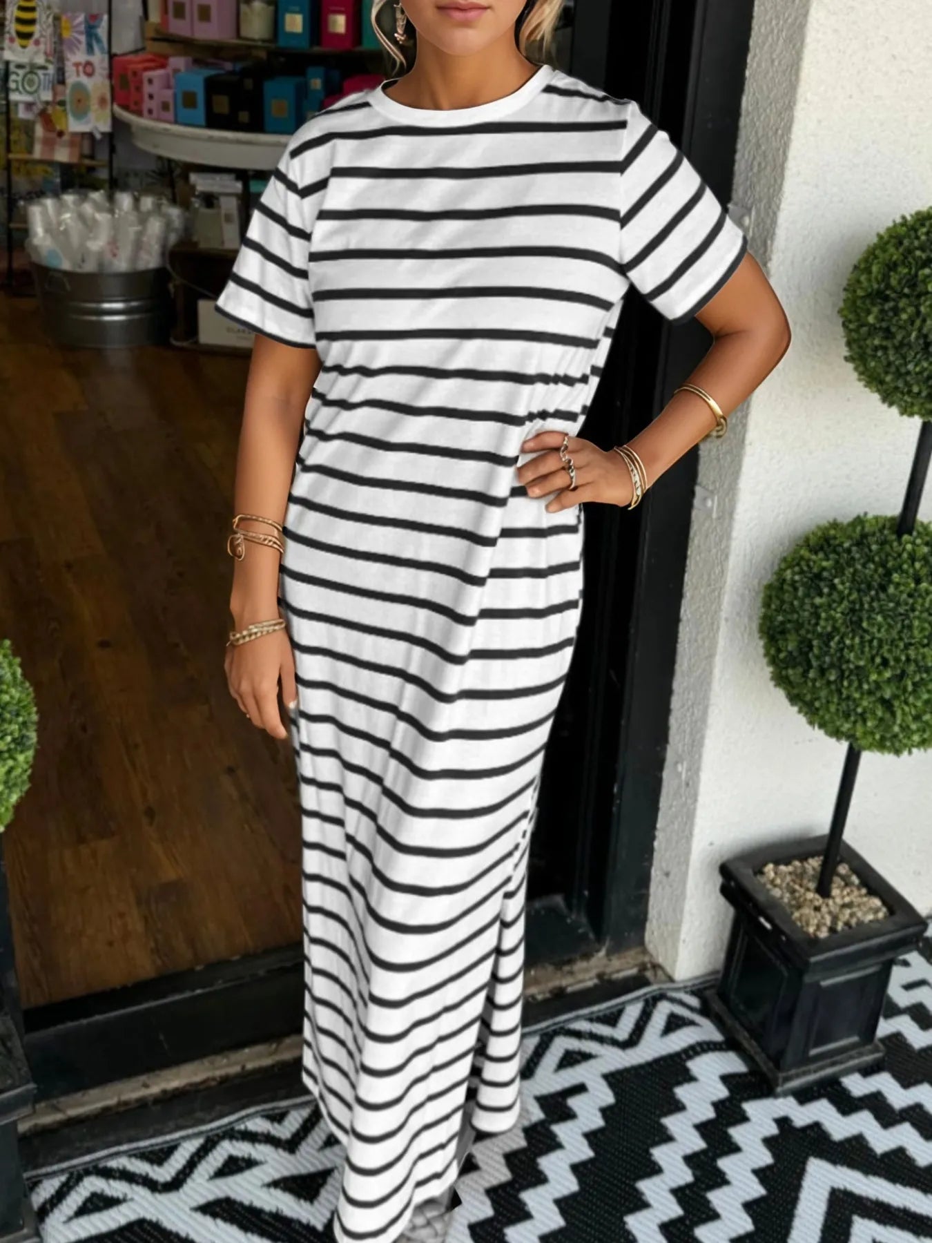Full Size Striped T-Shirt Maxi Dress with Side Slit Plus Size - Velora Luxury Fashion