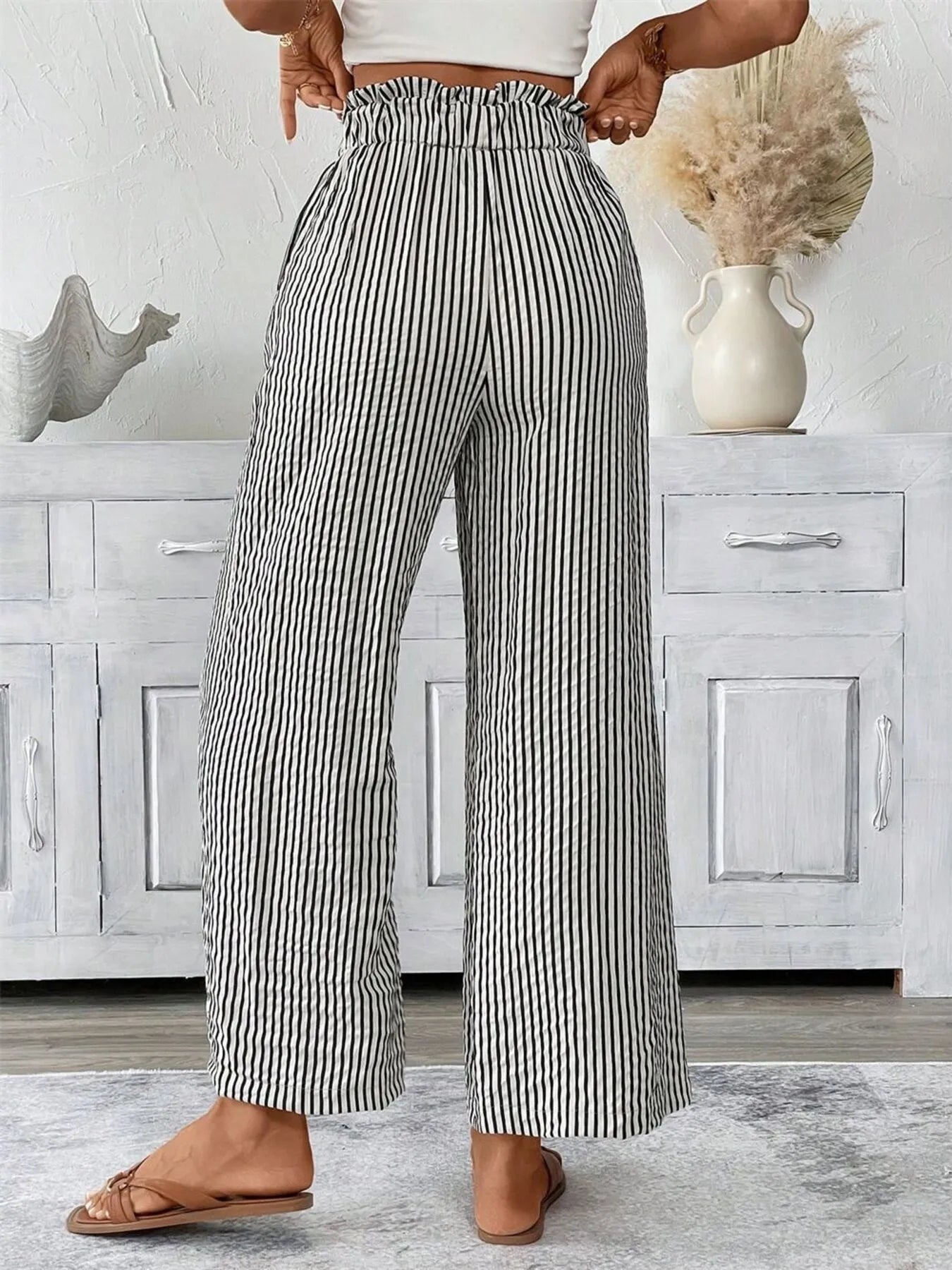 Full Size Striped Wide Leg Paper Bag Pants Plus Size - Velora Luxury Fashion