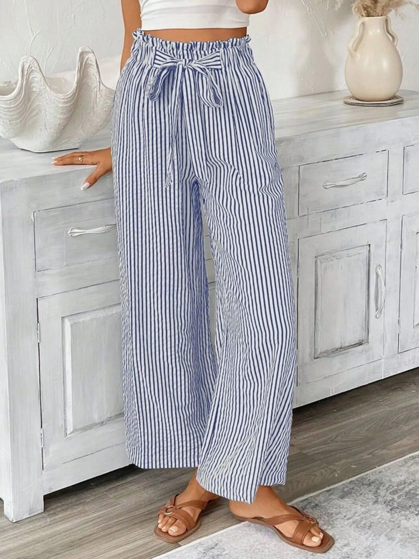Full Size Striped Wide Leg Paper Bag Pants Plus Size - Velora Luxury Fashion