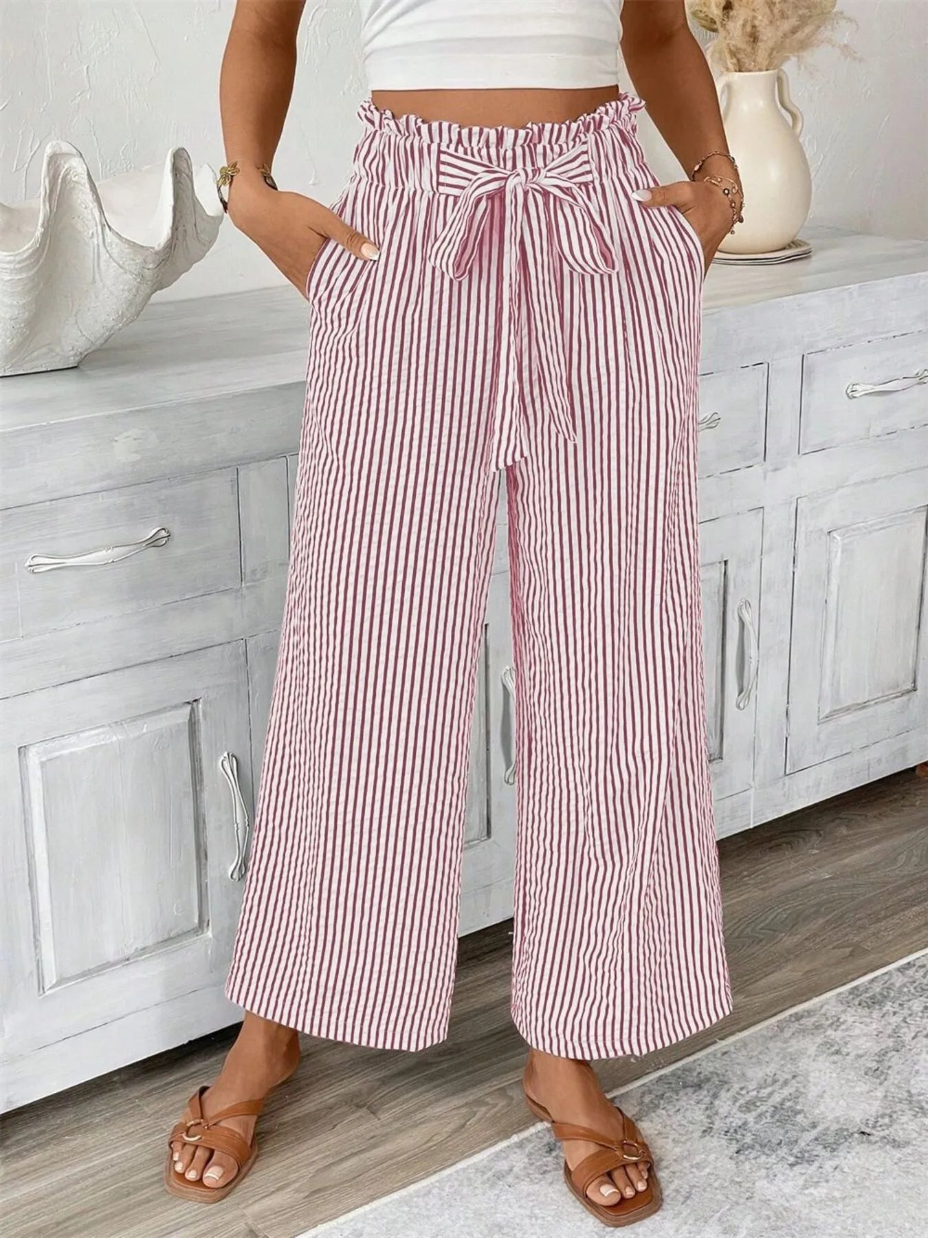 Full Size Striped Wide Leg Paper Bag Pants Plus Size - Velora Luxury Fashion