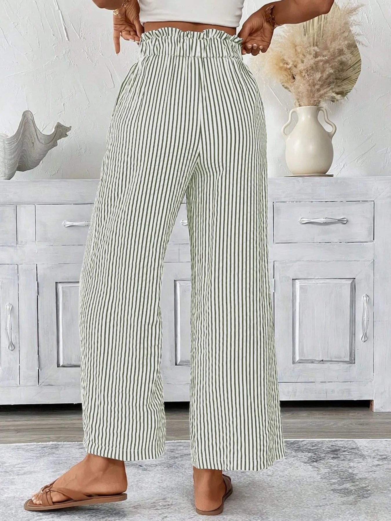 Full Size Striped Wide Leg Paper Bag Pants Plus Size - Velora Luxury Fashion