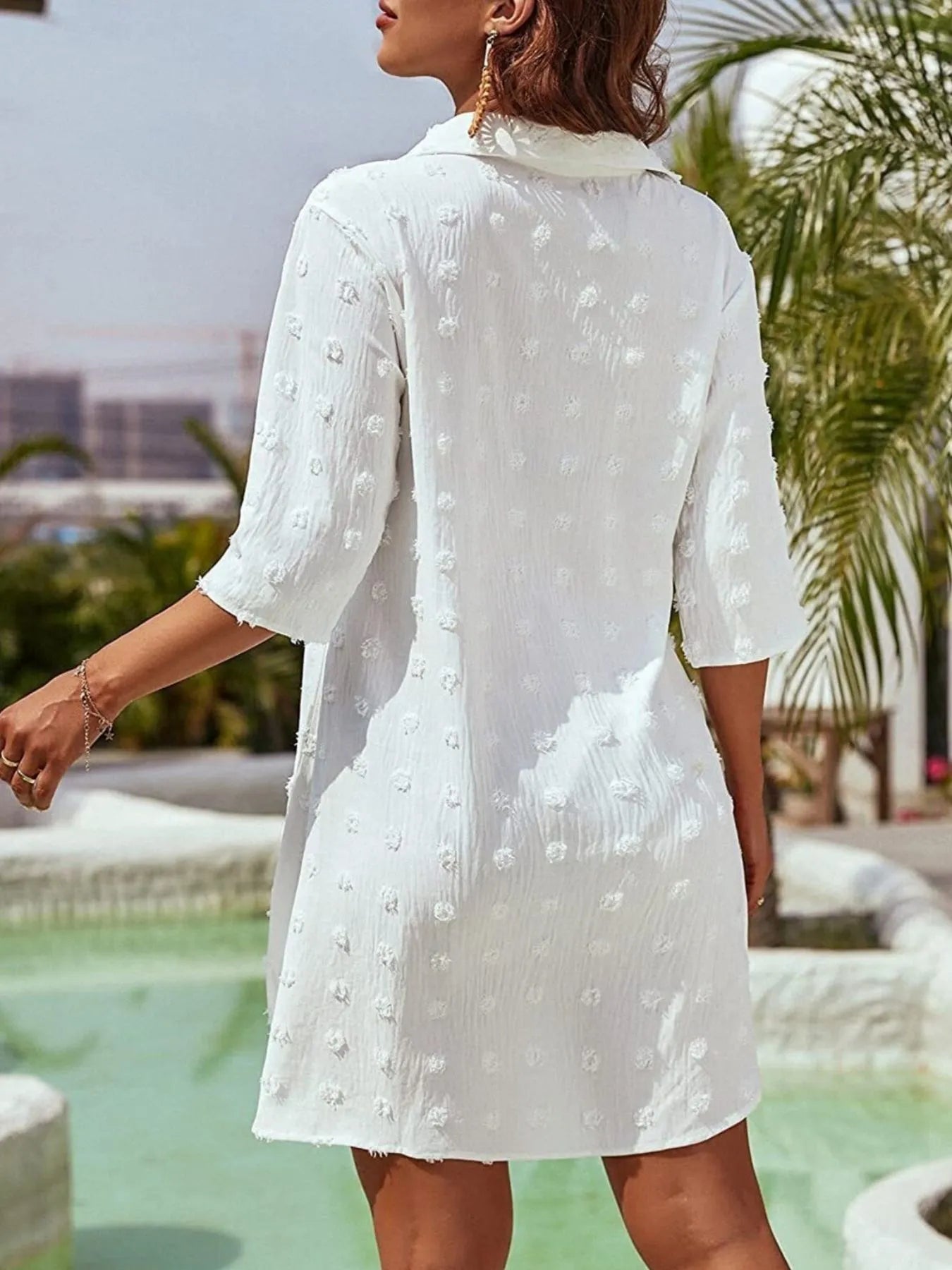 Full Size Swiss Dot 3/4 Sleeve Mini Dress Plus Size - Velora Luxury Fashion