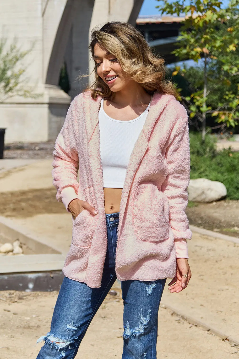 Full Size Teddy Hooded Jacket with Pockets - Velora Luxury Fashion