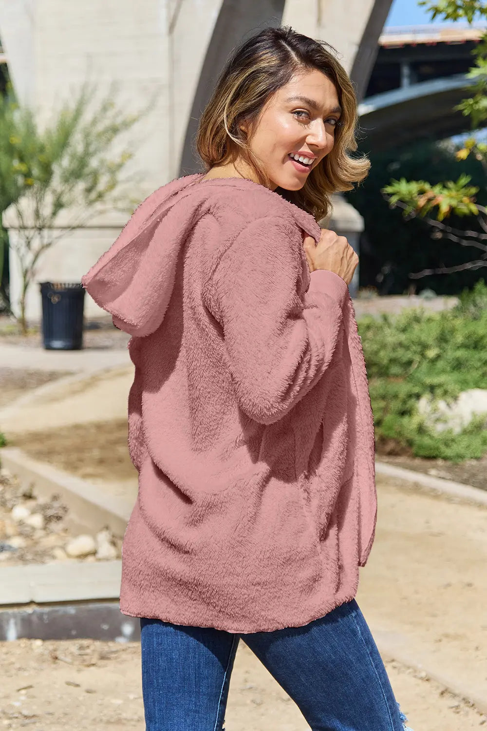 Full Size Teddy Hooded Jacket with Pockets - Velora Luxury Fashion