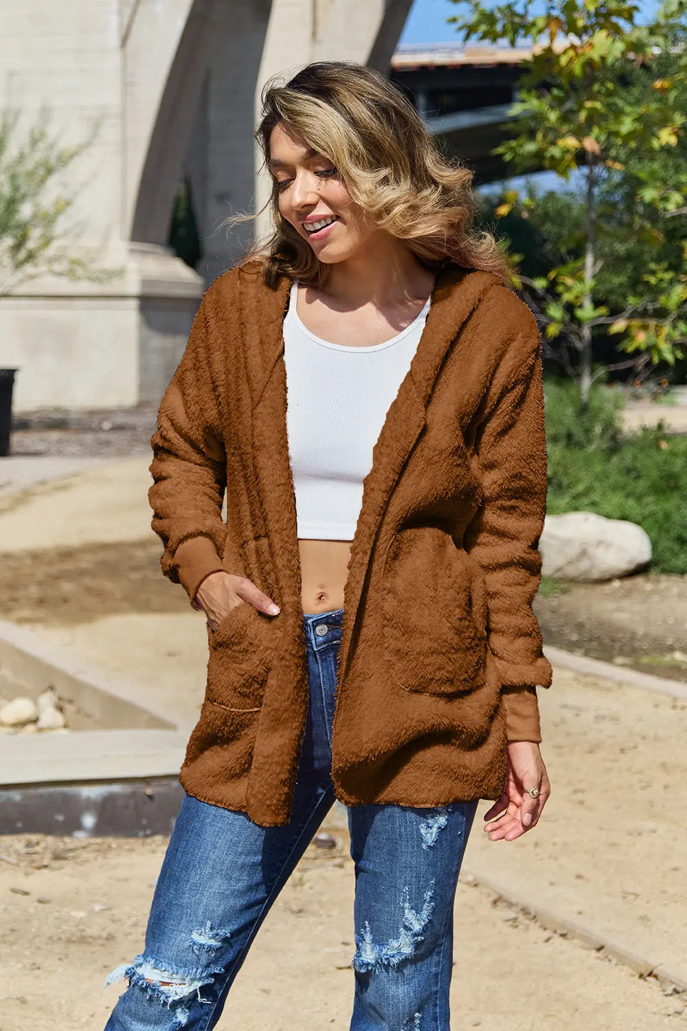 Full Size Teddy Hooded Jacket with Pockets - Velora Luxury Fashion