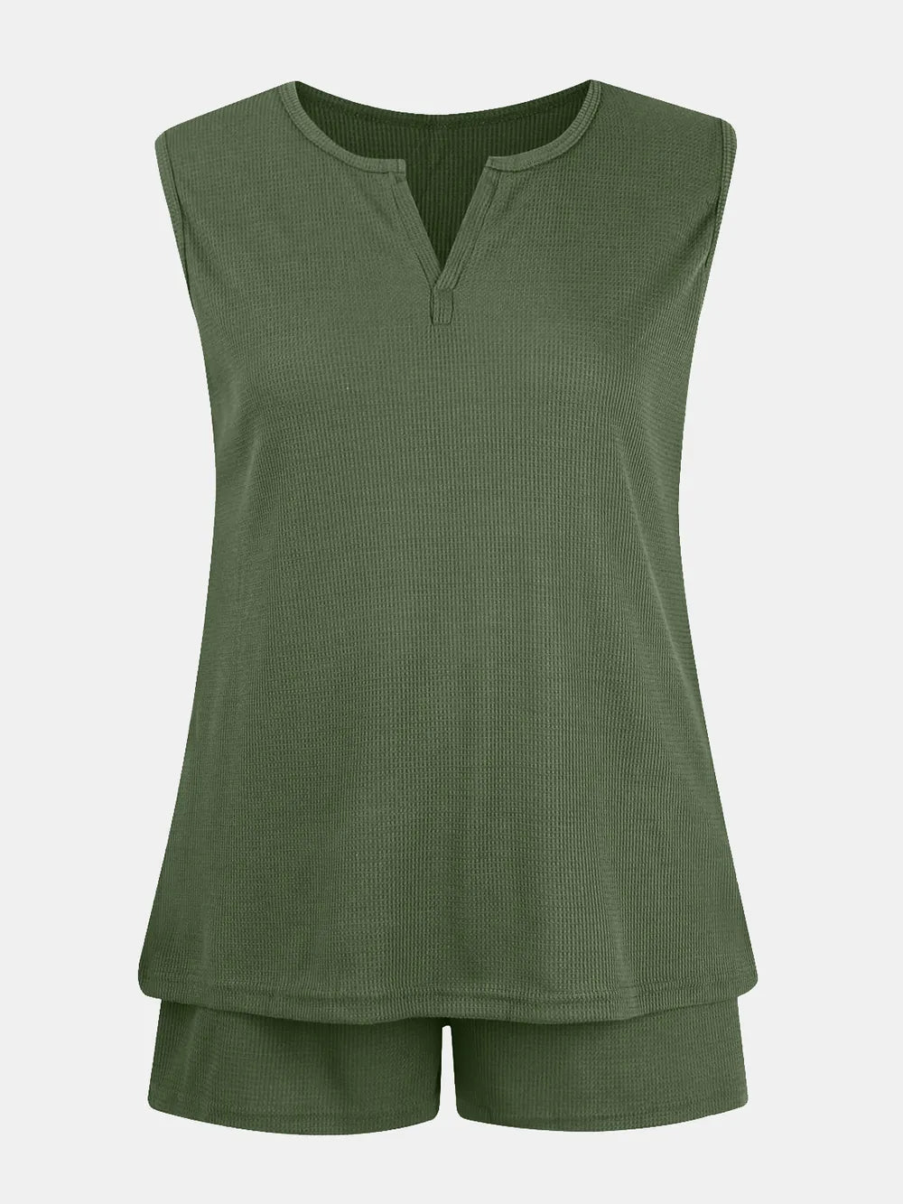 Full Size Waffle-Knit Notched Top and Shorts Set - Velora