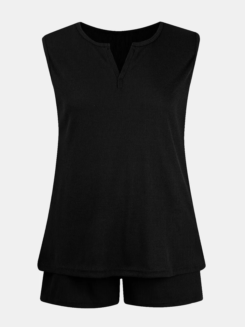 Full Size Waffle-Knit Notched Top and Shorts Set - Velora