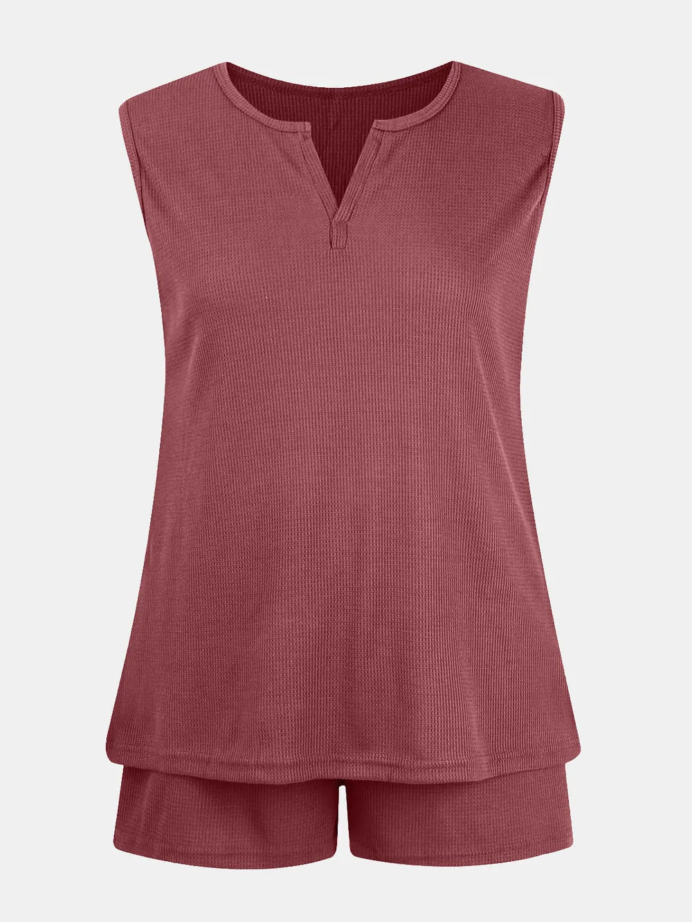 Full Size Waffle-Knit Notched Top and Shorts Set - Velora