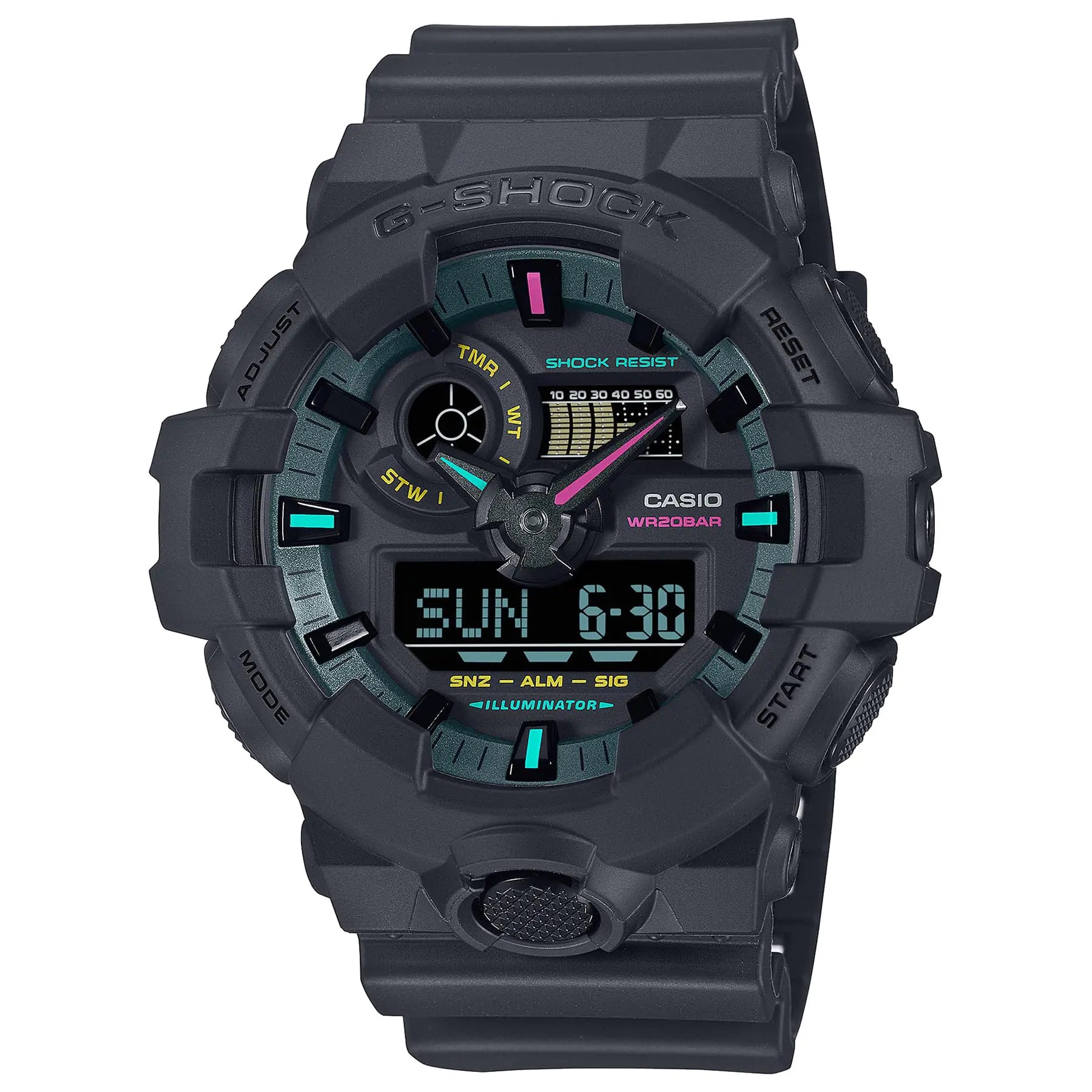 G-Shock Casio GA-700 Series Analog-Digital Multi-Color Black Resin Watch 57.5mm - GA700MF-1A - Velora Luxury Fashion