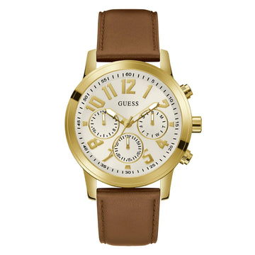 GUESS Mens 44mm Watch - Brown Strap White Dial Gold-Tone Case - Velora Luxury Fashion