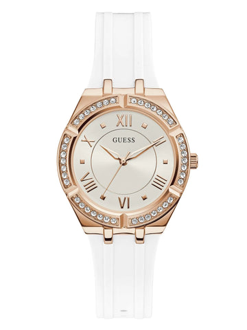 GUESS Rose Gold-Tone + Crystal White Silicone Watch Rose Gold-Tone/White - Velora Luxury Fashion