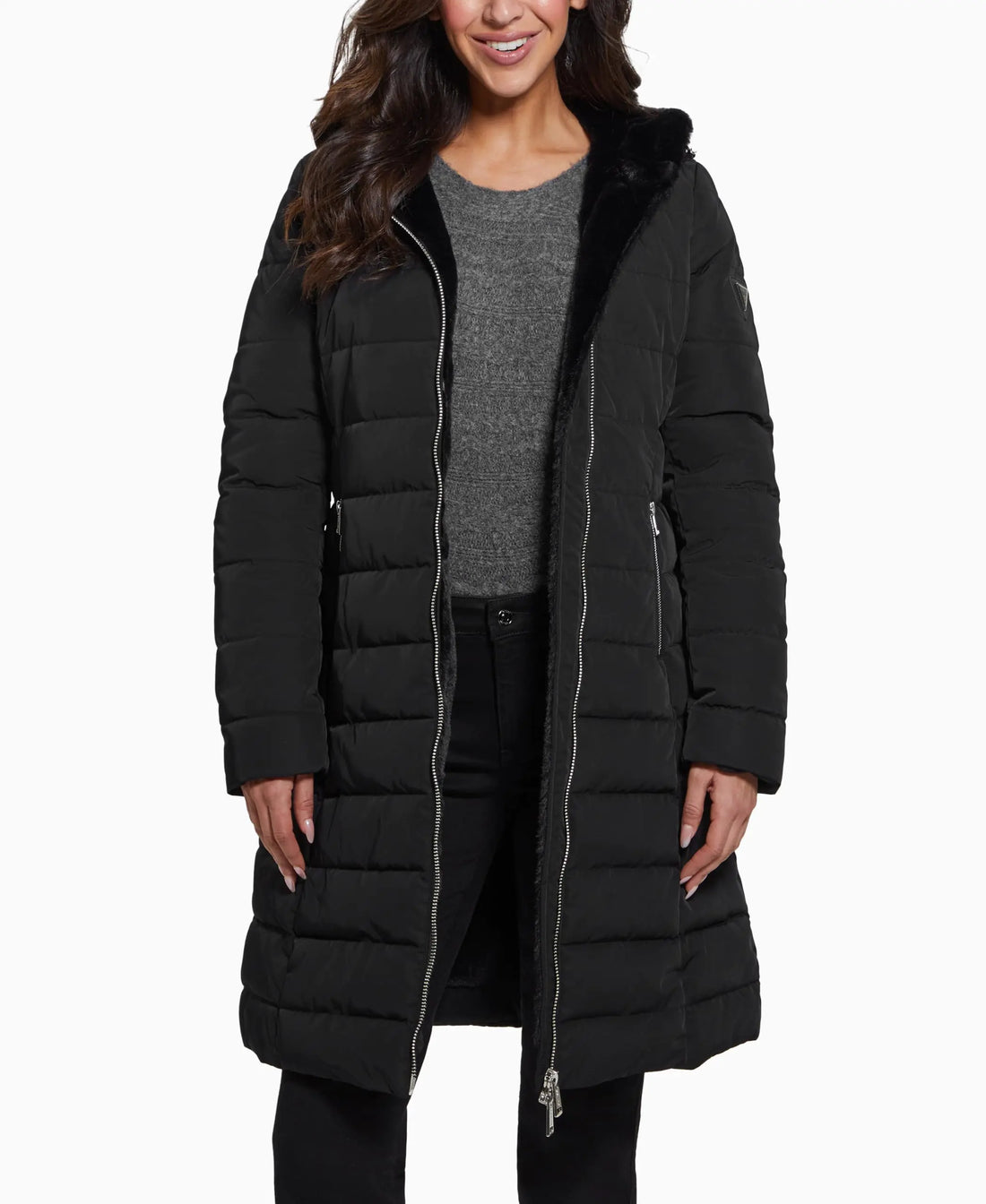 GUESS Womens Helena Long Fur Jacket Jet Black - Velora Luxury Fashion