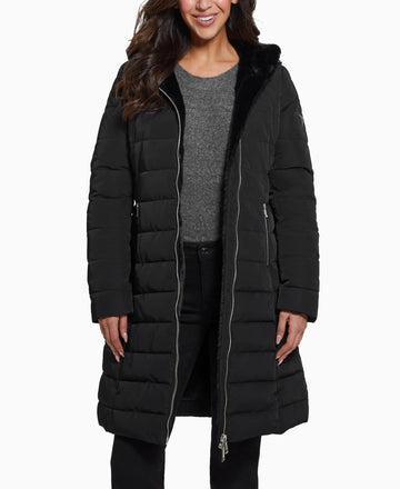 GUESS Womens Helena Long Fur Jacket Jet Black - Velora Luxury Fashion