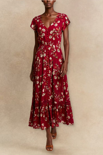 Garance Floral Button-Front Midi Dress with Short Sleeves