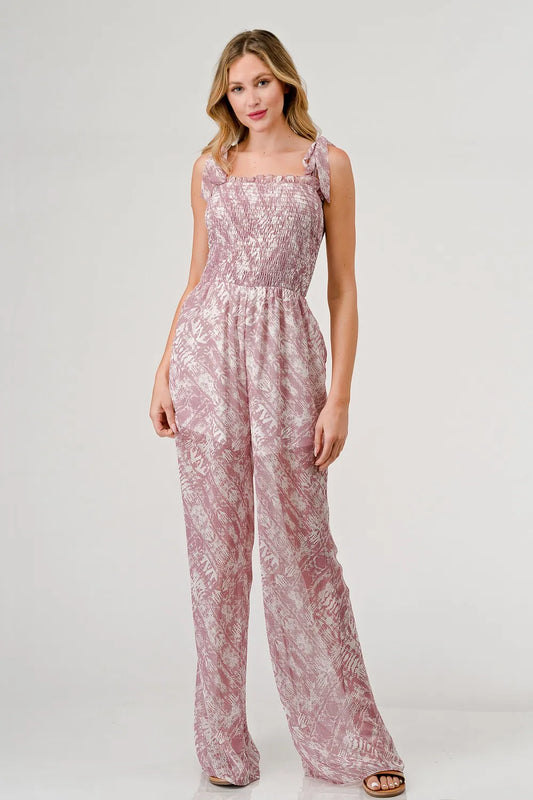GeeGee Printed Tie Shoulder Wide Leg Jumpsuit - Velora Luxury Fashion