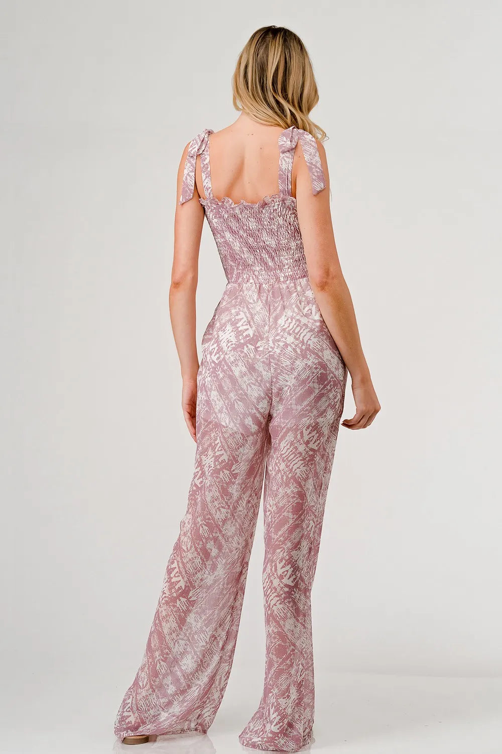 GeeGee Printed Tie Shoulder Wide Leg Jumpsuit - Velora Luxury Fashion