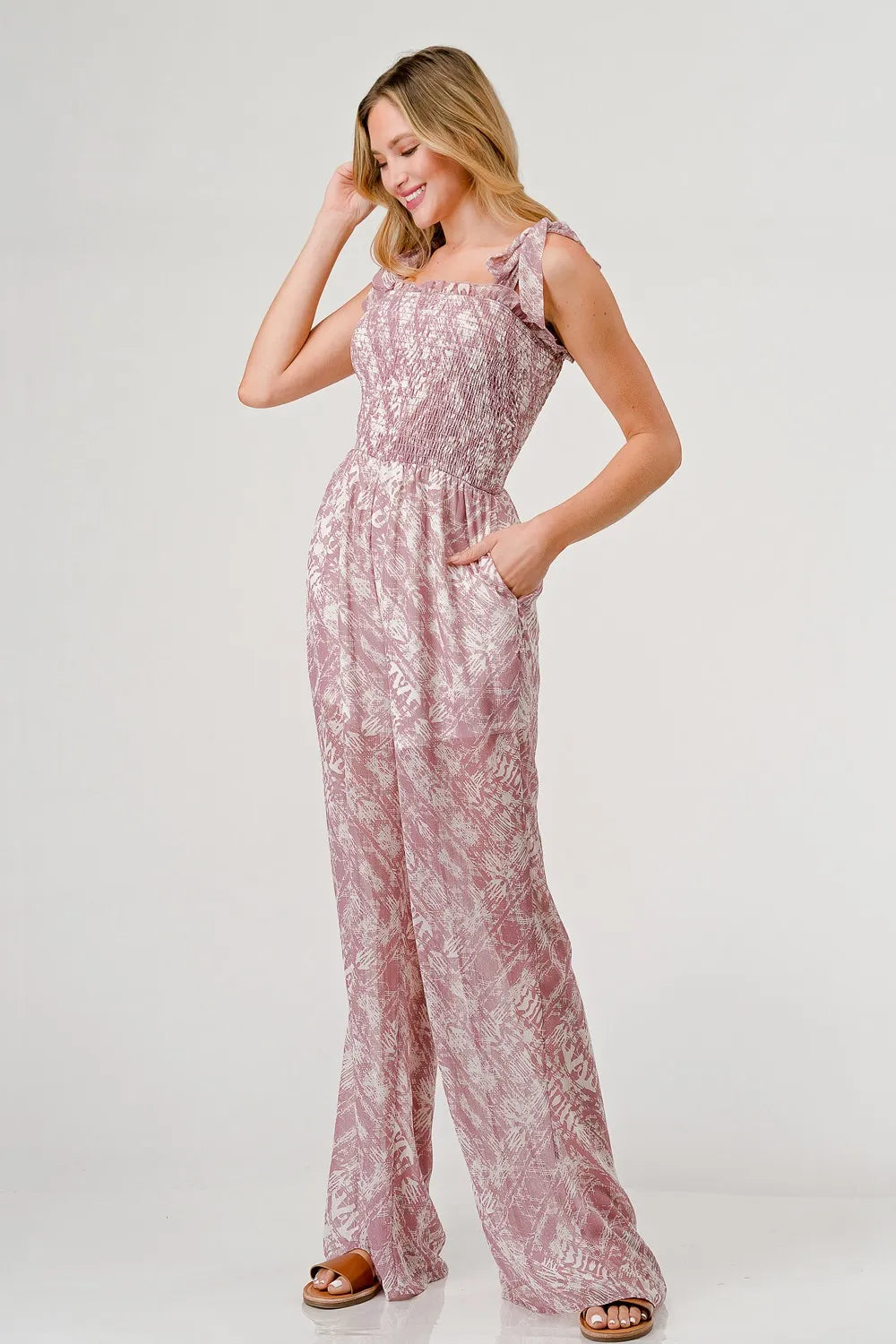 GeeGee Printed Tie Shoulder Wide Leg Jumpsuit - Velora Luxury Fashion