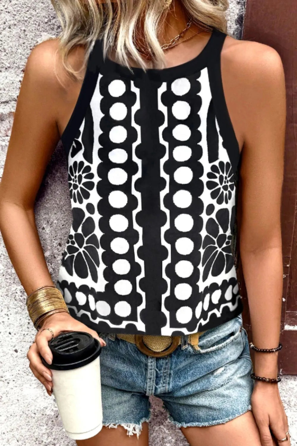 Geometric Print Sleeveless Tank Top - Velora Luxury Fashion