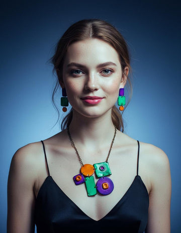 Geometric Statement Jewelry Set, Necklace & Earrings, Turquoise, Purple & Yellow