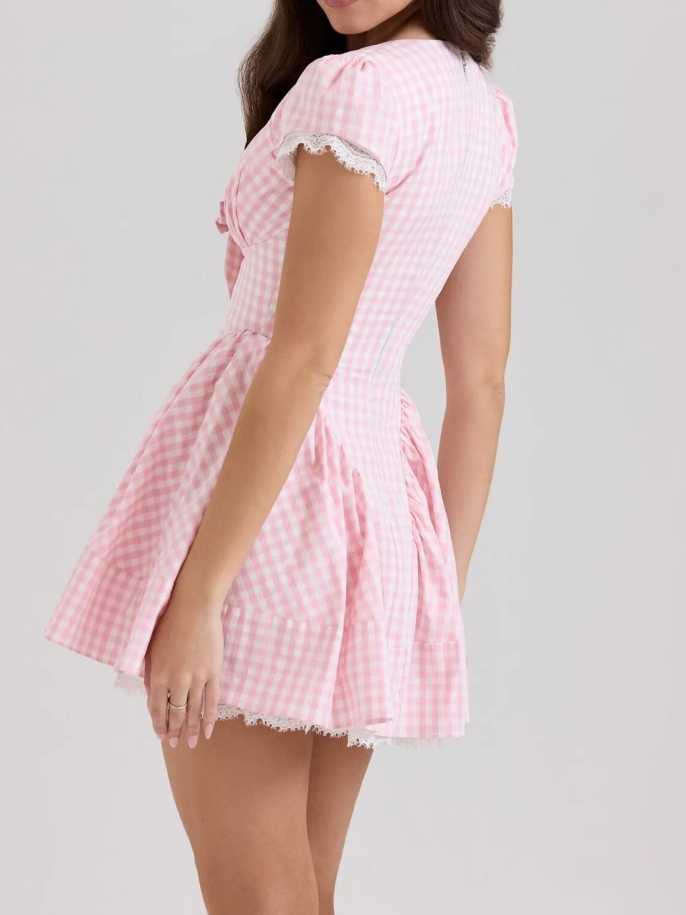 Gingham Ruffle Mini Dress with Lace Trim - Velora Luxury Fashion