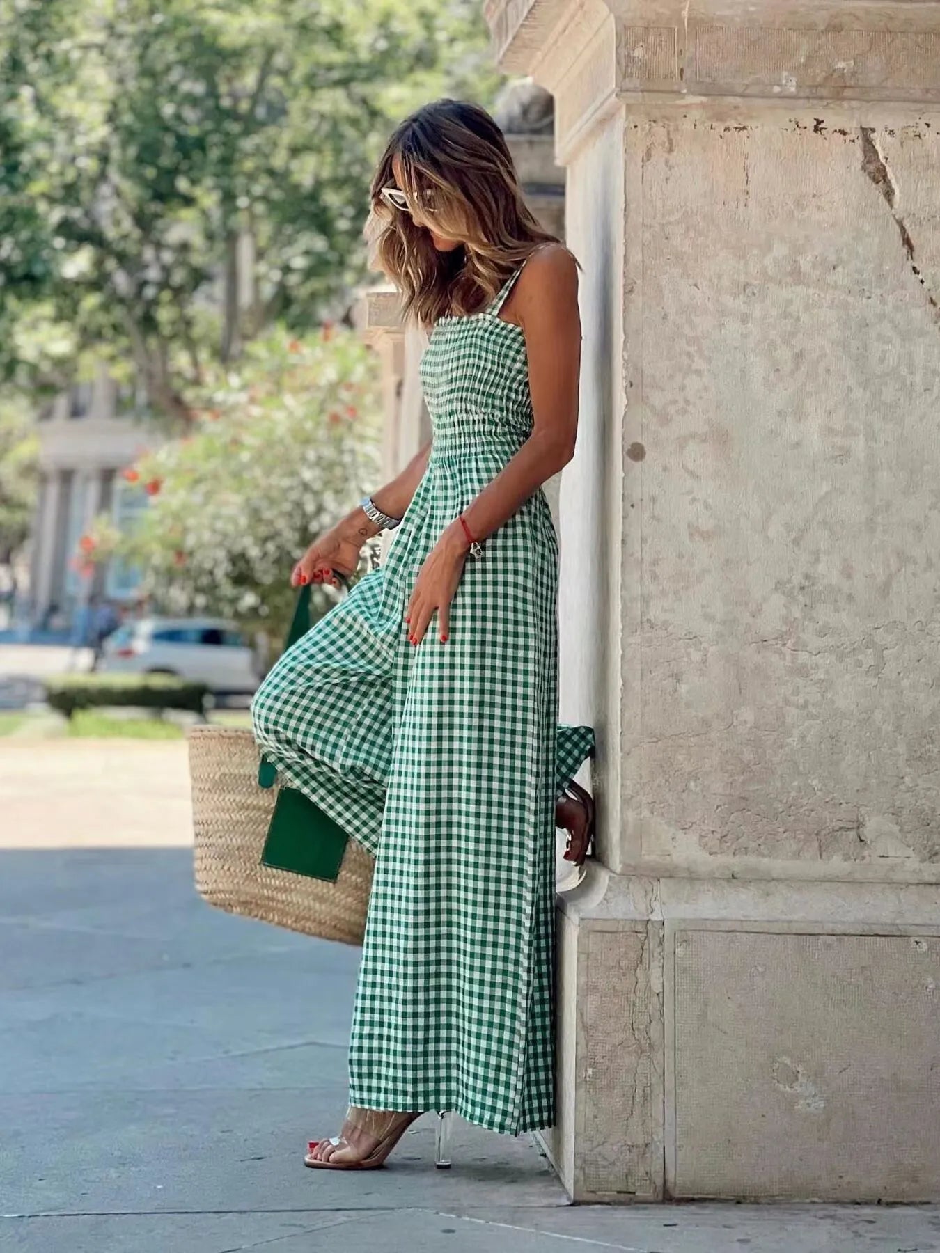 Gingham Smocked Wide-Leg Jumpsuit - Velora Luxury Fashion