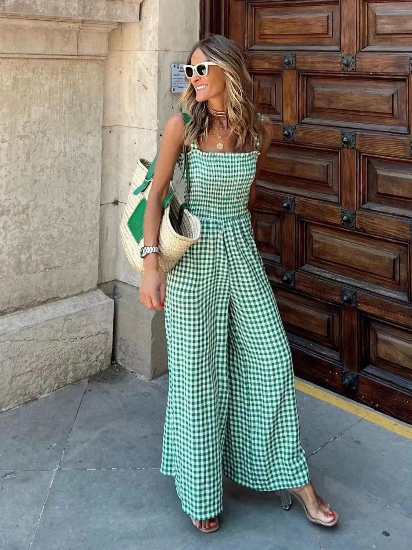 Gingham Smocked Wide-Leg Jumpsuit - Velora Luxury Fashion