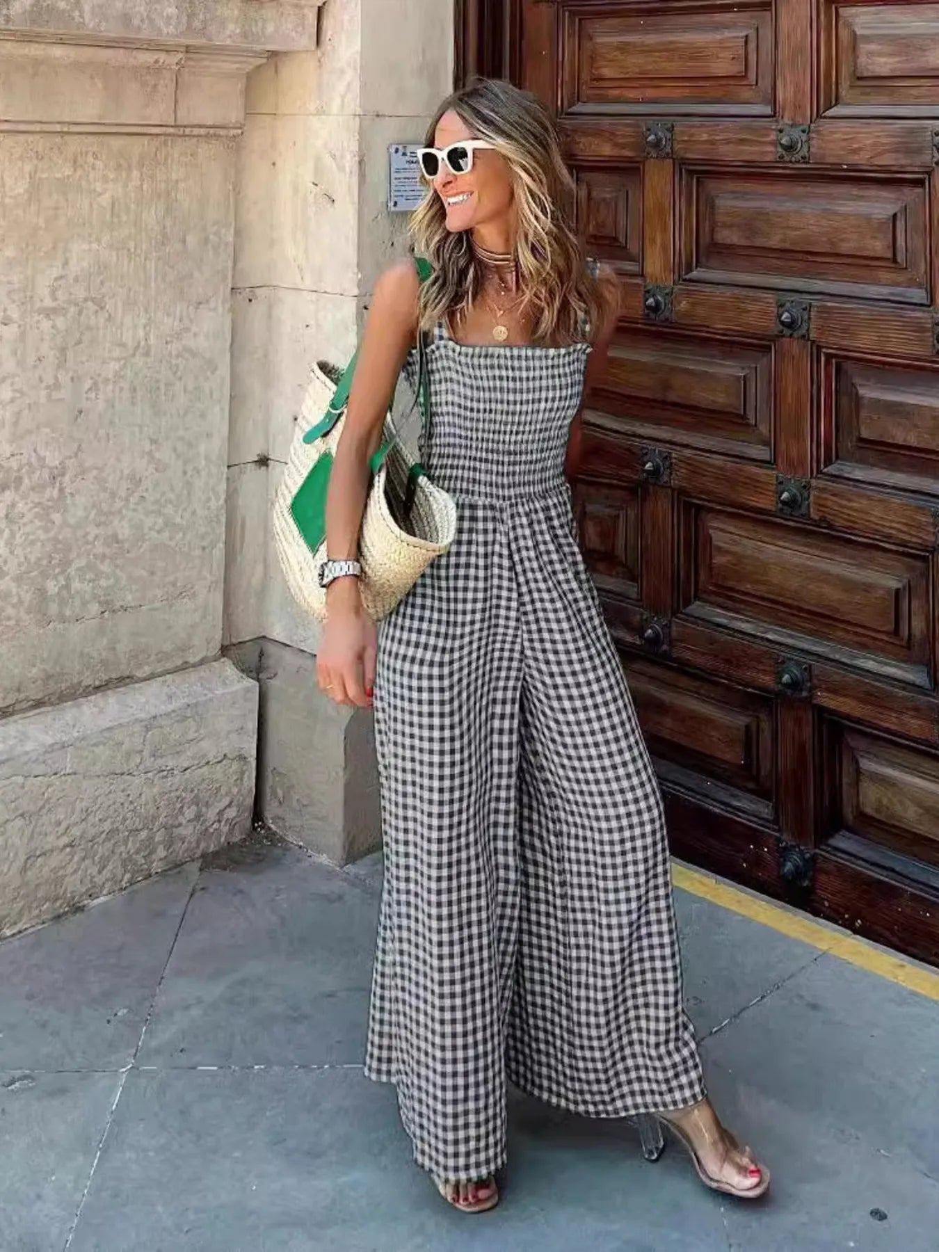 Gingham Smocked Wide-Leg Jumpsuit - Velora Luxury Fashion