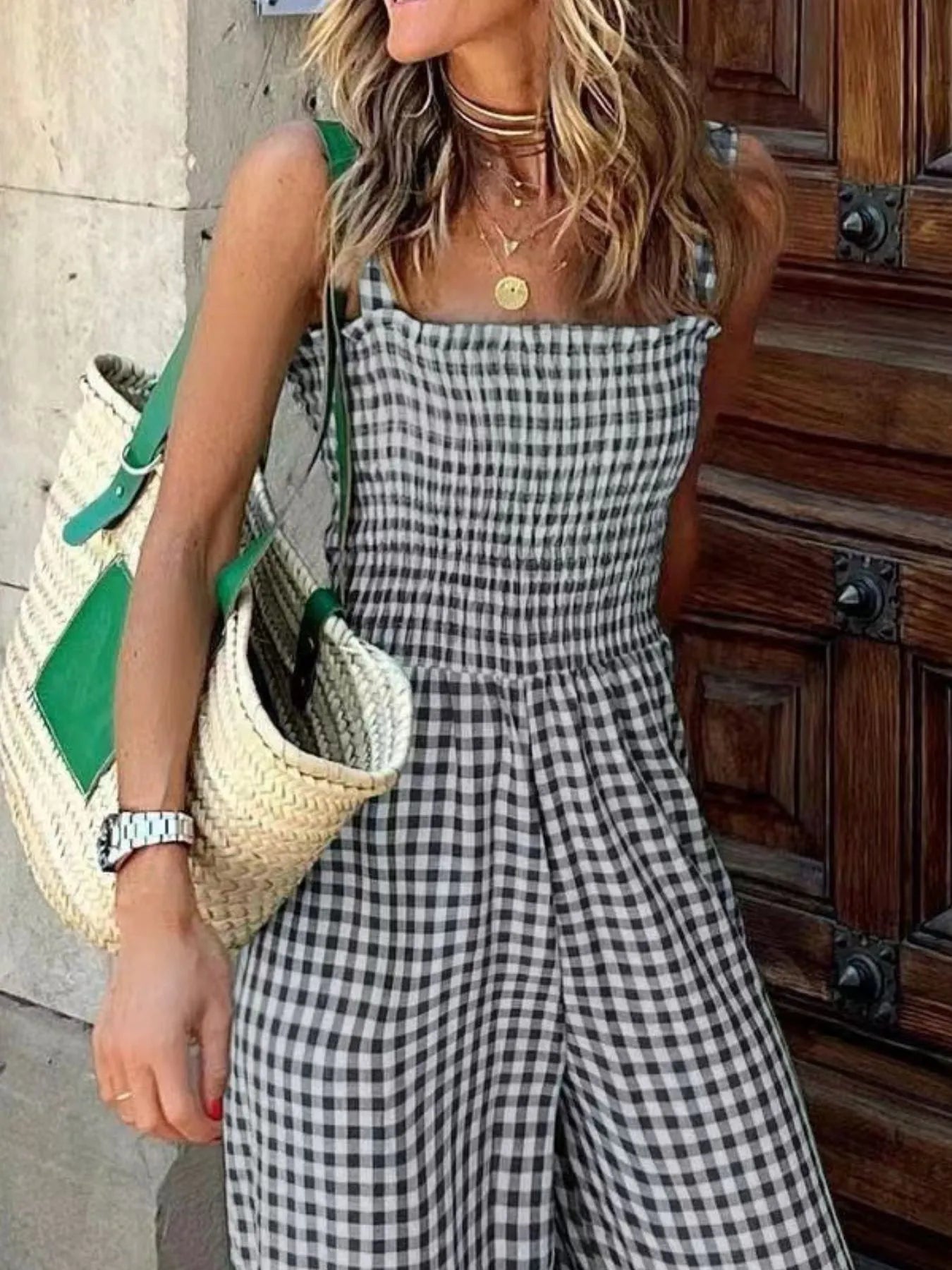 Gingham Smocked Wide-Leg Jumpsuit - Velora Luxury Fashion