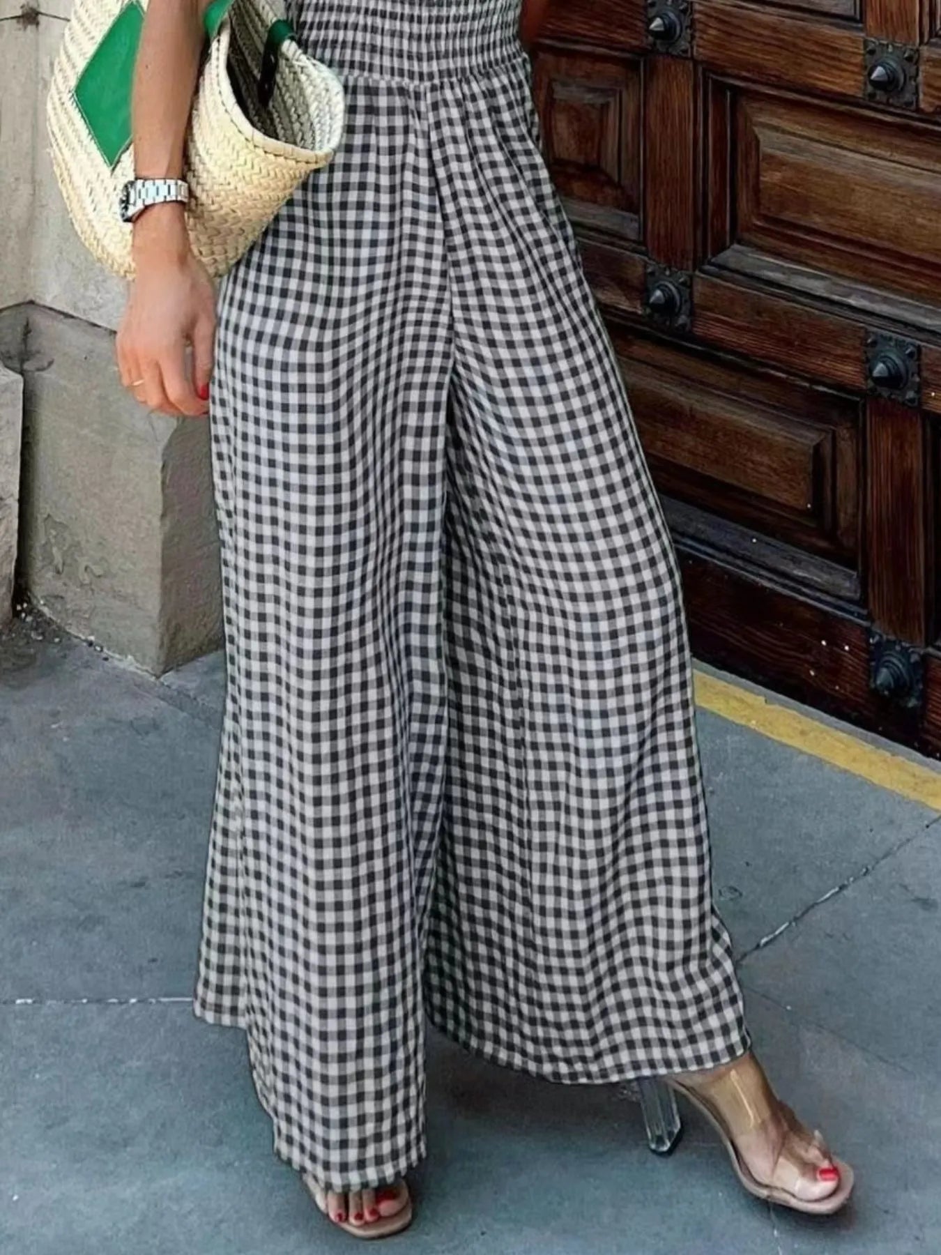 Gingham Smocked Wide-Leg Jumpsuit - Velora Luxury Fashion